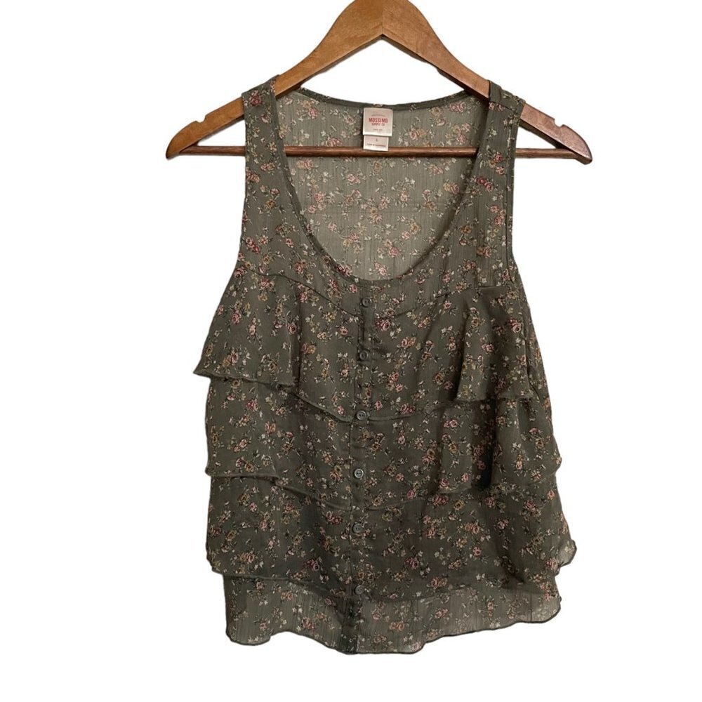 Mossimo Women Green Floral Ruffle Cottagecore Bohemian Popover Tank Blouse Large